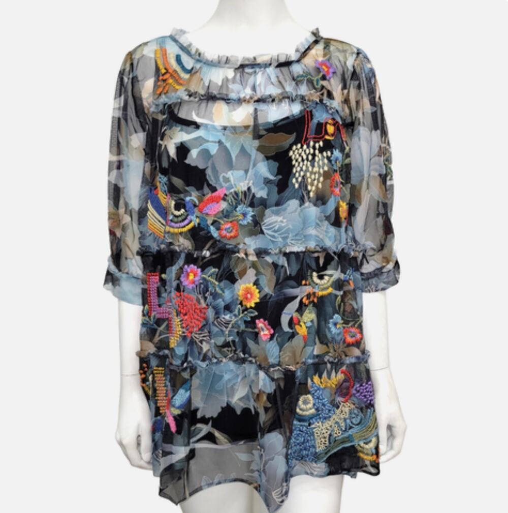 Johnny Was 'Mazzy' Embroidered Boho Top with Cami in Mesh - Large